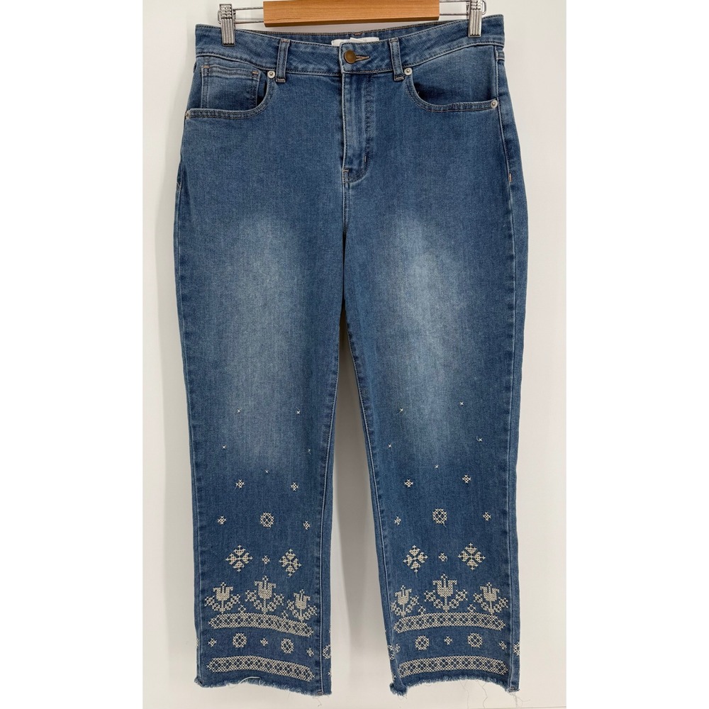 Bunulu Womens Embroidered Hem Straight Leg Jeans Medium Wash Raw Edge Blue Sz 8